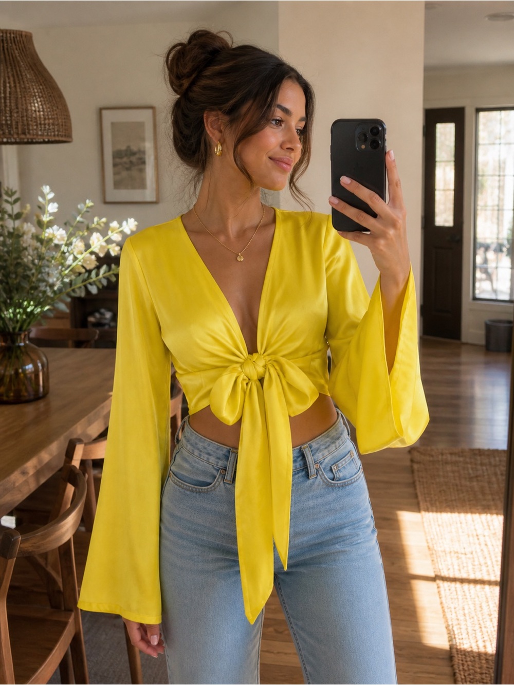 Yellow Tie-Front V-Neck Blouse